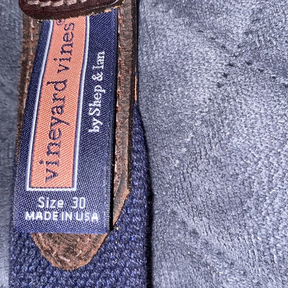 Vineyard Vines Brown Leather & Navy Woven Belt with Yellow Whale Pattern